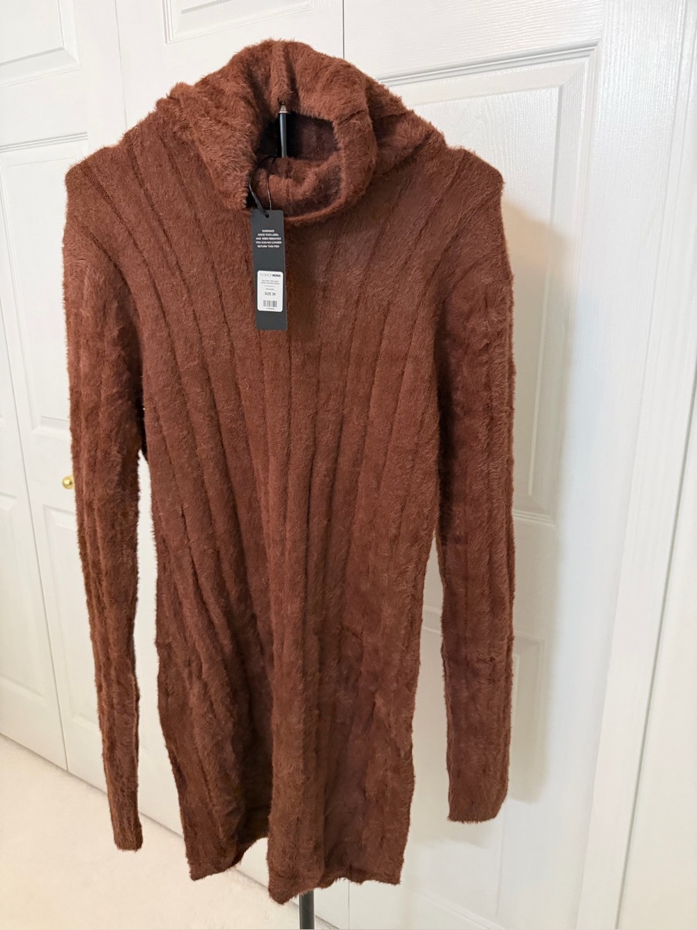 Fashion Nova Women's Brown Ribbed Fuzzy Turtleneck Dress